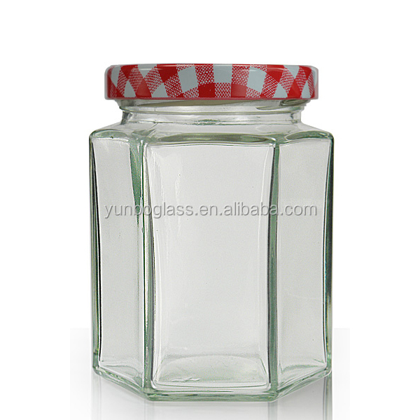 280ml Hexagonal Clear Glass Jar & 63mm Red and White Gingham Twist Off Lid