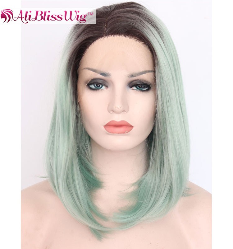 アリblissかつら熱優しい繊維毛14インチダークルーツツートングリーンオンブル合成レースフロントかつら用女性 問屋・仕入れ・卸・卸売り