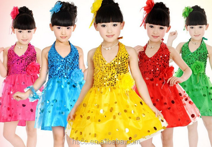 新しいデザインのスパンコールのパーティードレスvネック美しい学校の女の子のダンス服のダンスの衣装問屋・仕入れ・卸・卸売り