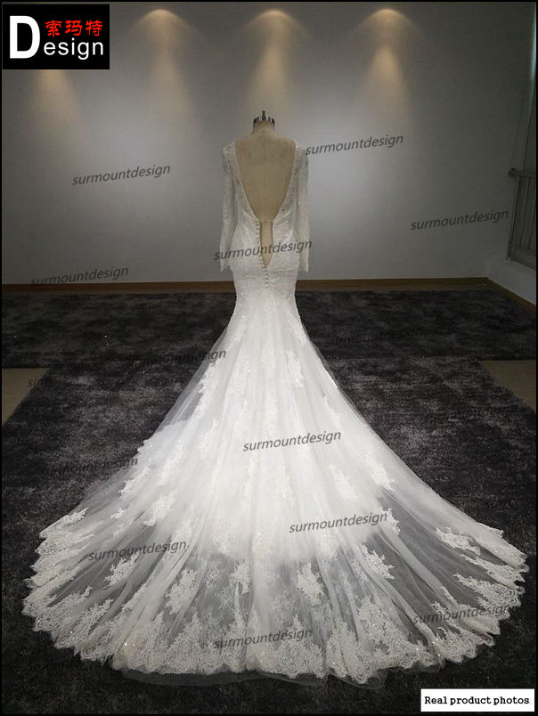 カスタムメイド克服の現実の姿の床の長さラウンドネック背中が大きく開い長い袖の人魚のウェディングドレス2015仕入れ・メーカー・工場