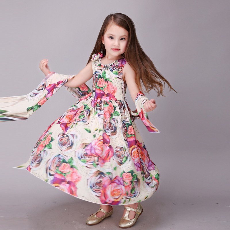 Fashion Girl Flower Printing Party Dresses Age 2 To 9 Years Old
