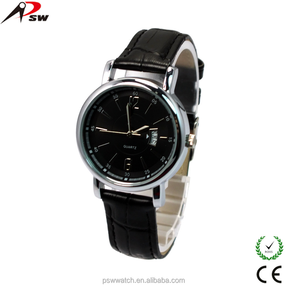 Man watch 2015 black genuine leather watch with calendar