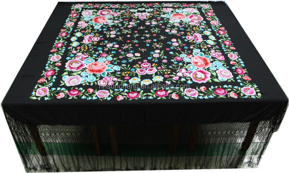 手刺繍シルクショールフラメンコウリンオフリンジ付き- 135*135cm仕入れ・メーカー・工場
