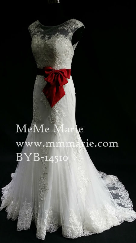 古典的な人魚ビーズのアップリケオープンバックのウェディングドレスの花嫁衣装byb-14510赤いリボン付き弓問屋・仕入れ・卸・卸売り