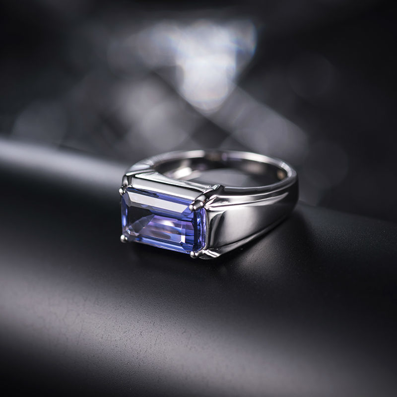 Emerald Cut 7x12mm Mens Tanzanite Ring In Solid 18k White Gold,Men