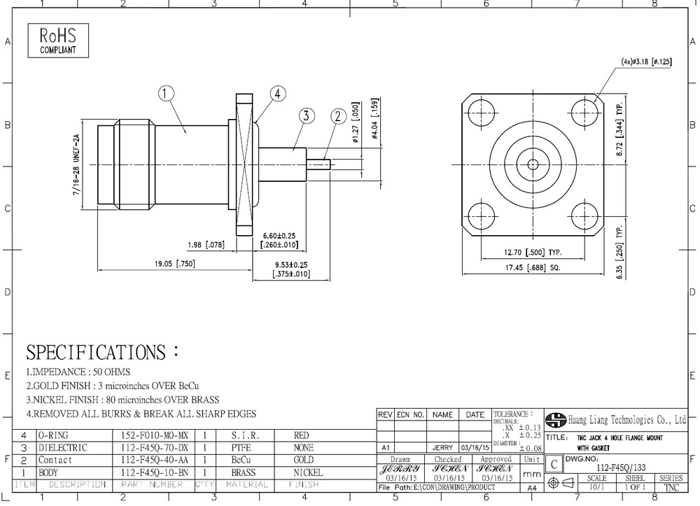 ホールフランジrftncジャック4pcbコネクタオスメス仕入れ・メーカー・工場