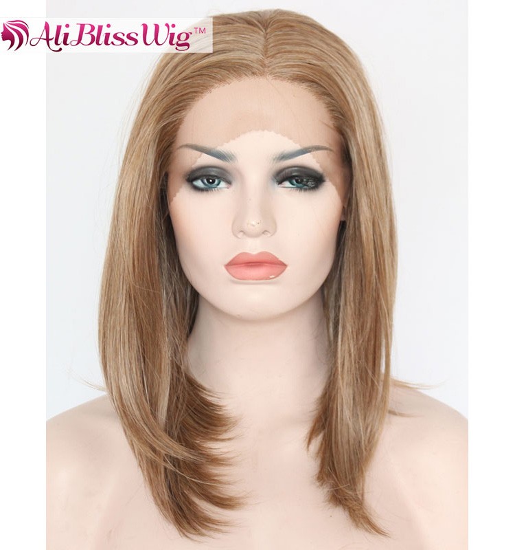 ナチュラル14インチ耐熱繊維非バージンヘア中間部分ショートbobブロンド合成レースフロントかつら用ホワイト女性 問屋・仕入れ・卸・卸売り