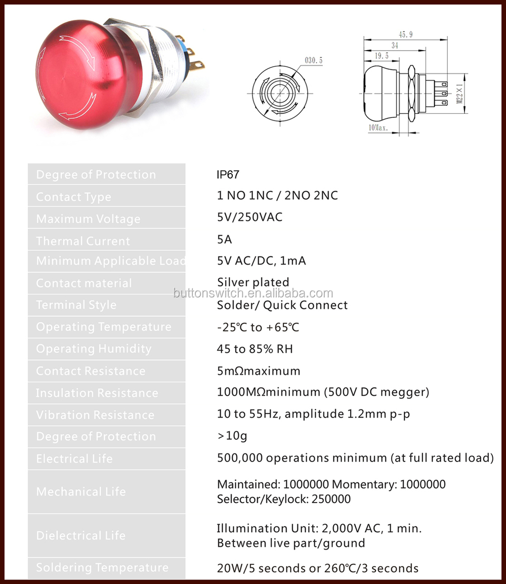 緊急停止スイッチccc19mm/22mm防水ステンレス鋼　緊急非常スイッチプッシュボタンスイッチ仕入れ・メーカー・工場