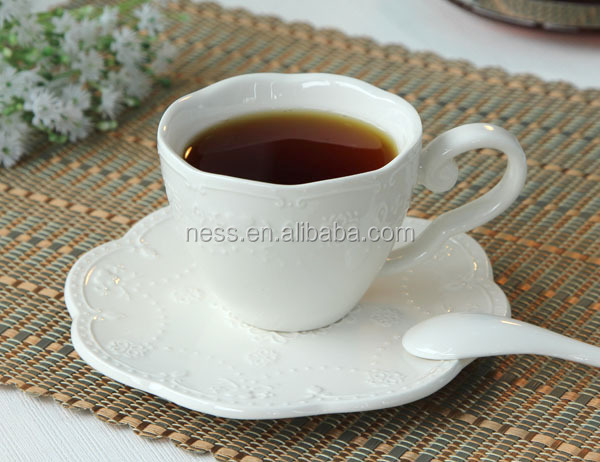 quality elegant embossed white porcelain coffee cup and saucer