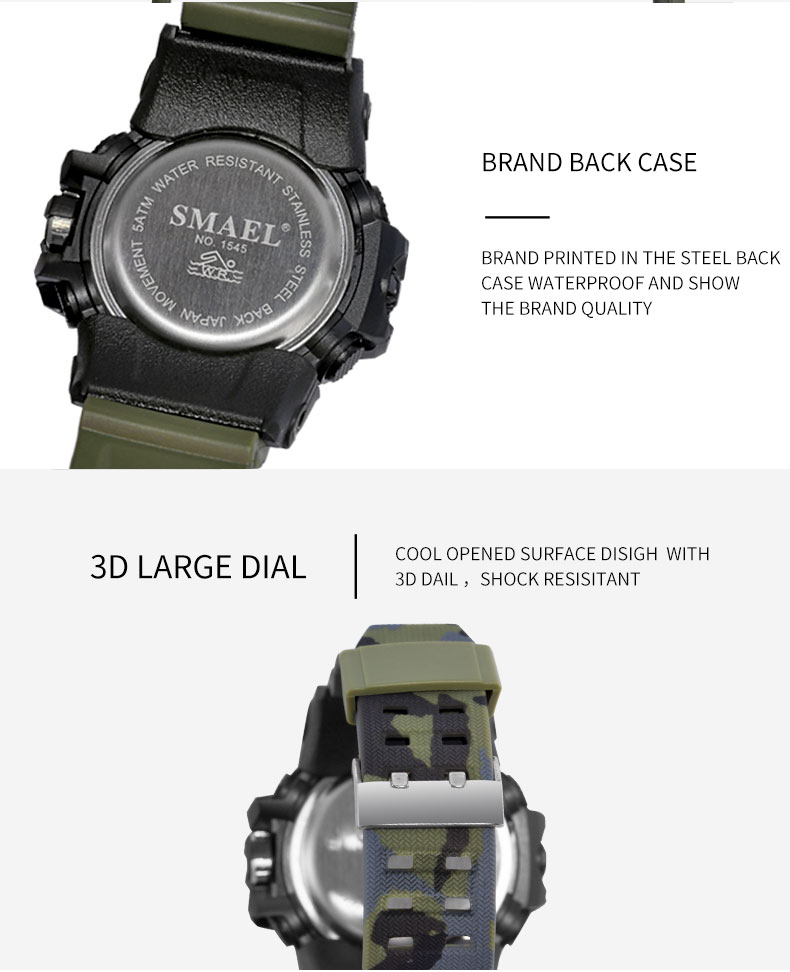 Smael 1545 Brand Luxury Dual Time Male Clock Army Military Camouflage