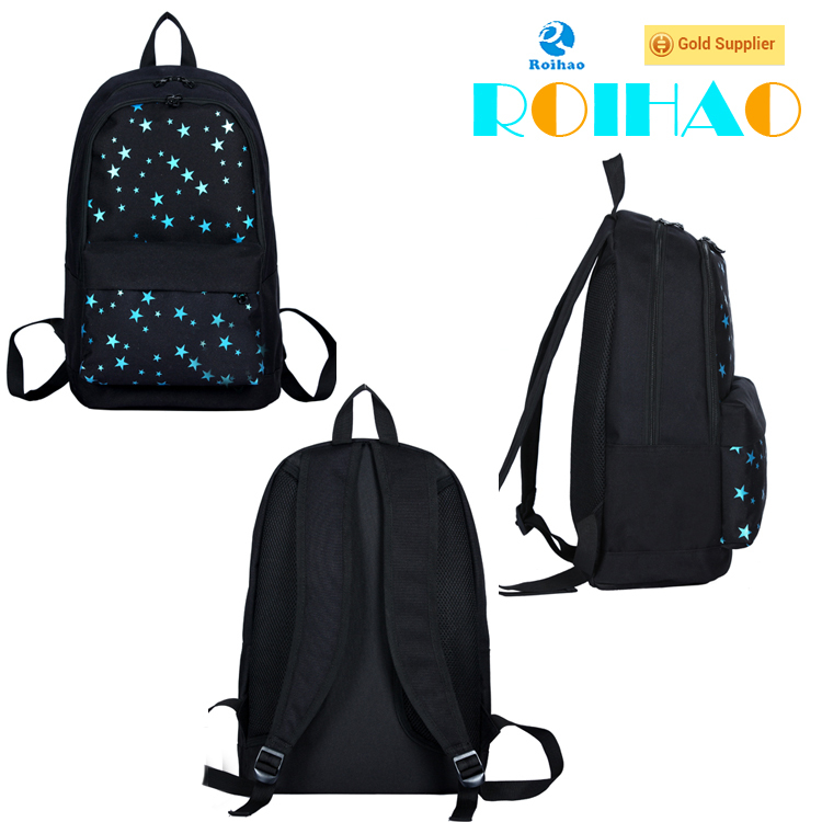 Roihao china supplier high quality black waterproof backpack with stars printed