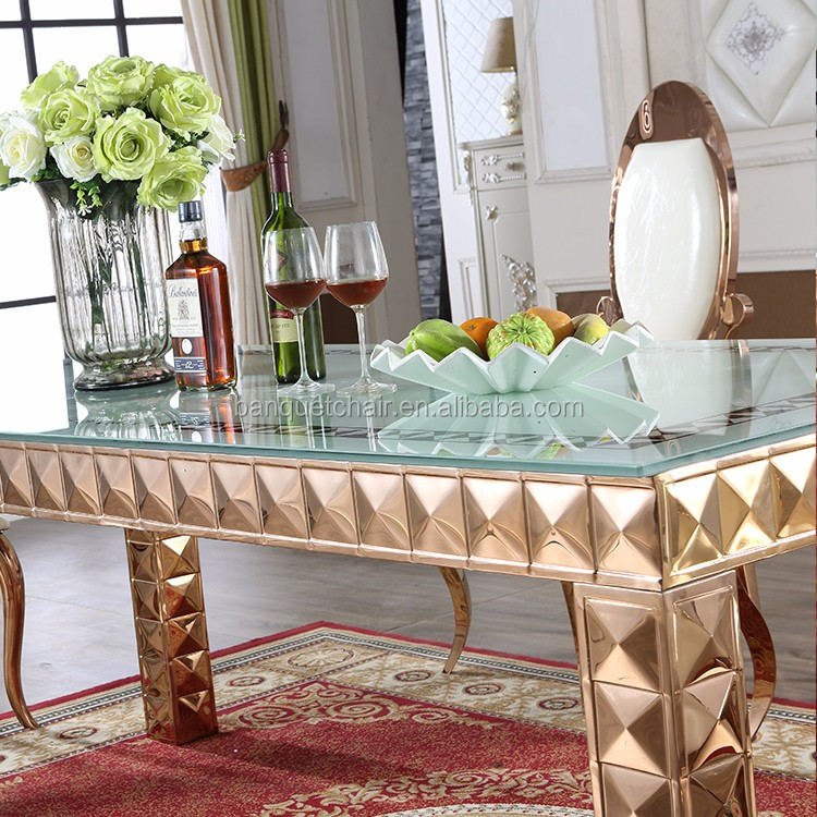 Luxury antique rectangle glass top dining table and chair set