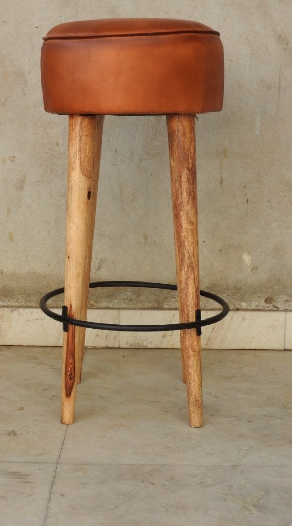 Wooden Bar Stools With Leather Seats,Brown Round Backless Bar Stools