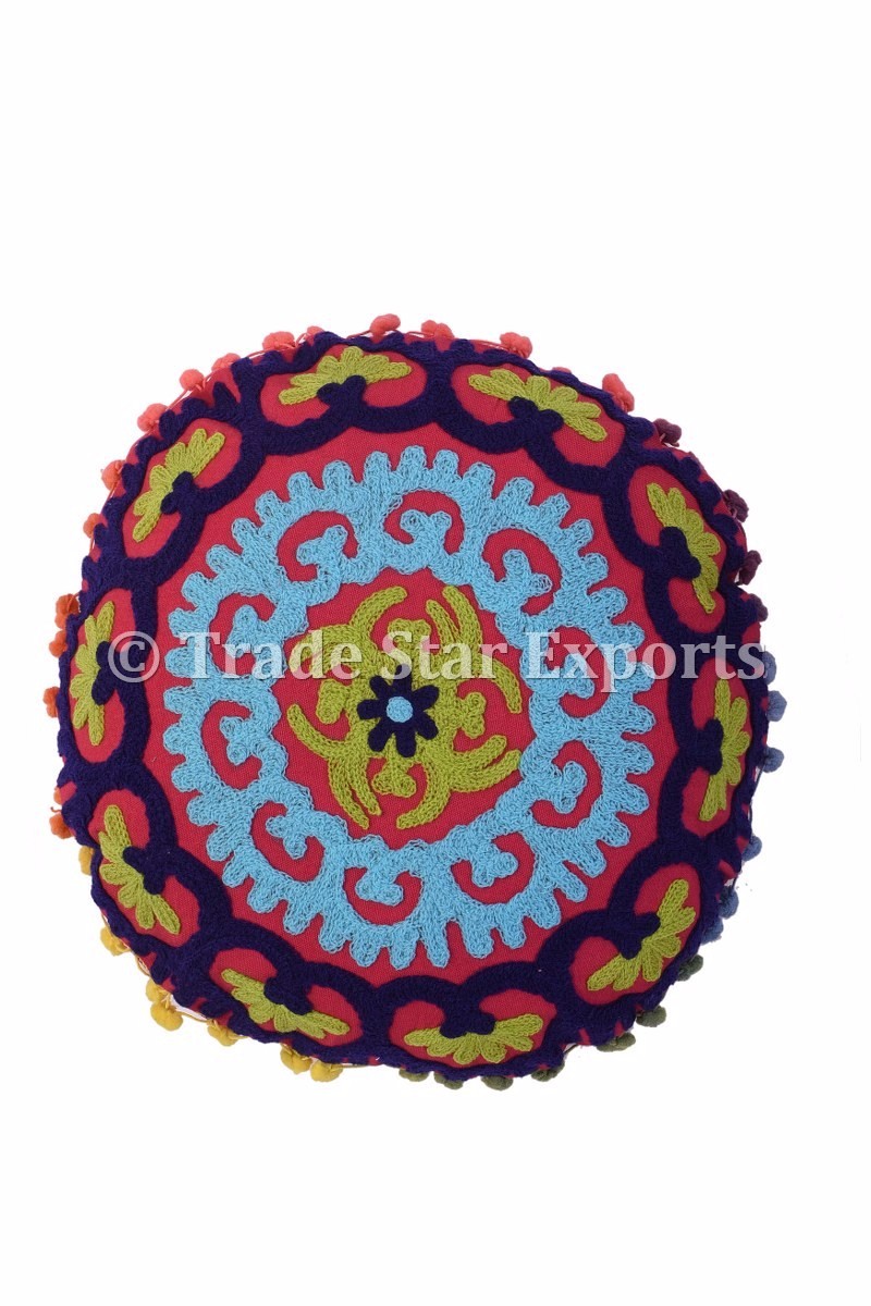 インドsuzaniラウンド床枕エスニッククッションカバー装飾刺繍入りシャムスでポンポンポンポンレース仕入れ・メーカー・工場