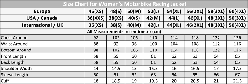 size chart for women