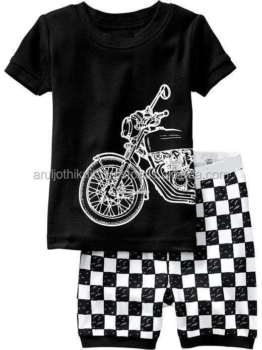印刷された黒いバイクの男の子短いパジャマセットチェック付きプリントショートパンツ仕入れ・メーカー・工場