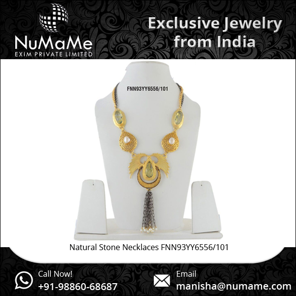 Gold Chain Finish Real Stone Pendant Tassel Statement Designer Inspired Necklace